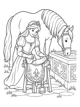 Free printable Princess Polishing A Horse Saddle coloring page