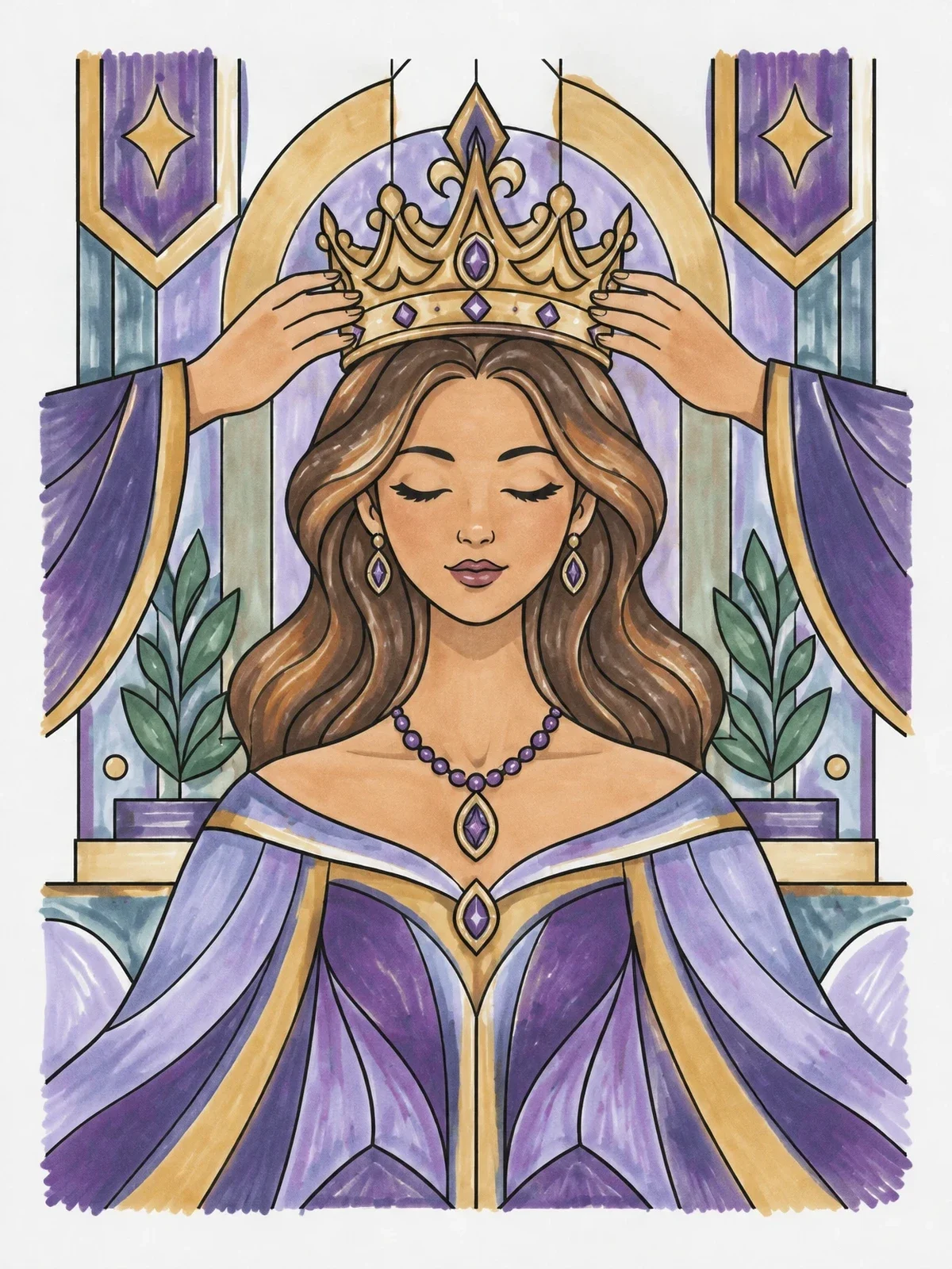 Colored example of the Princess Coronation With Jeweled Crown coloring page