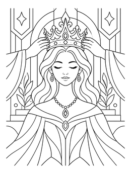 A serene princess crown coloring page showing a queen being crowned during a ceremony.