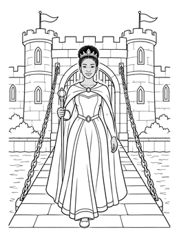 A royal lady crosses a drawbridge in this princess coloring page.