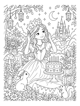 A fairytale girl wears a crown in this detailed princess crown coloring page with cake and forest friends.