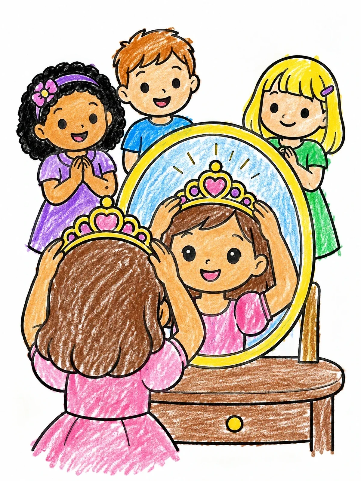 Colored example of the Girl Trying On Tiara In Mirror coloring page