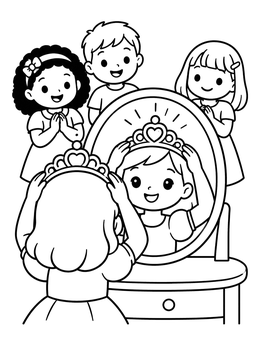 Free printable Girl Trying On Tiara In Mirror coloring page