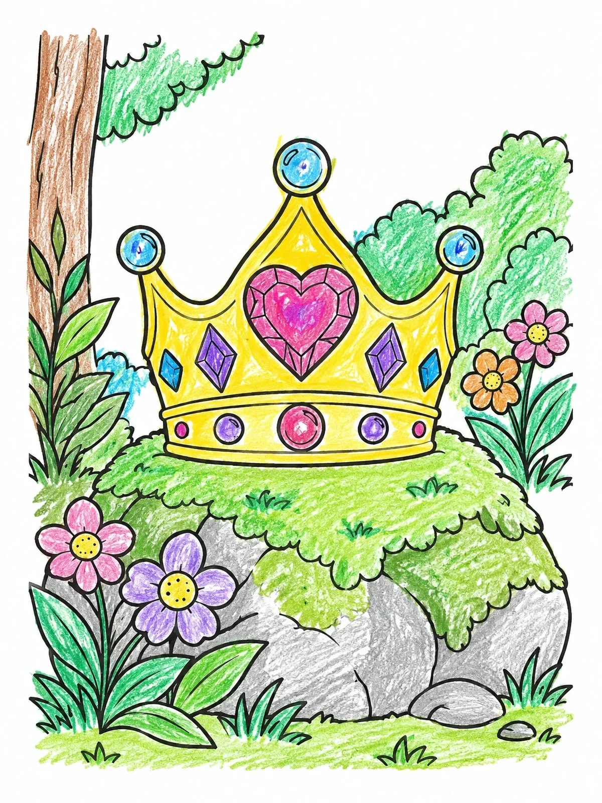 Colored example of the Princess Crown On Mossy Forest Stone coloring page