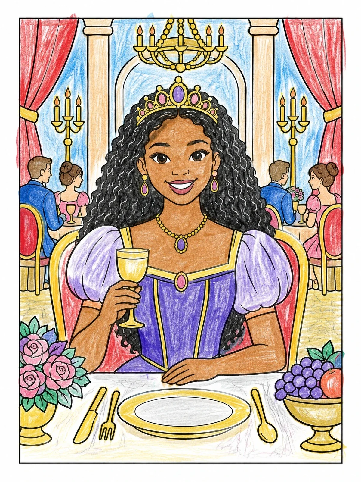 Colored example of the Princess With Crown At Royal Banquet coloring page