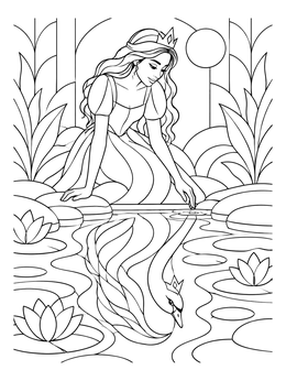 A princess touches pond water reflecting a crowned bird in this swan coloring page.