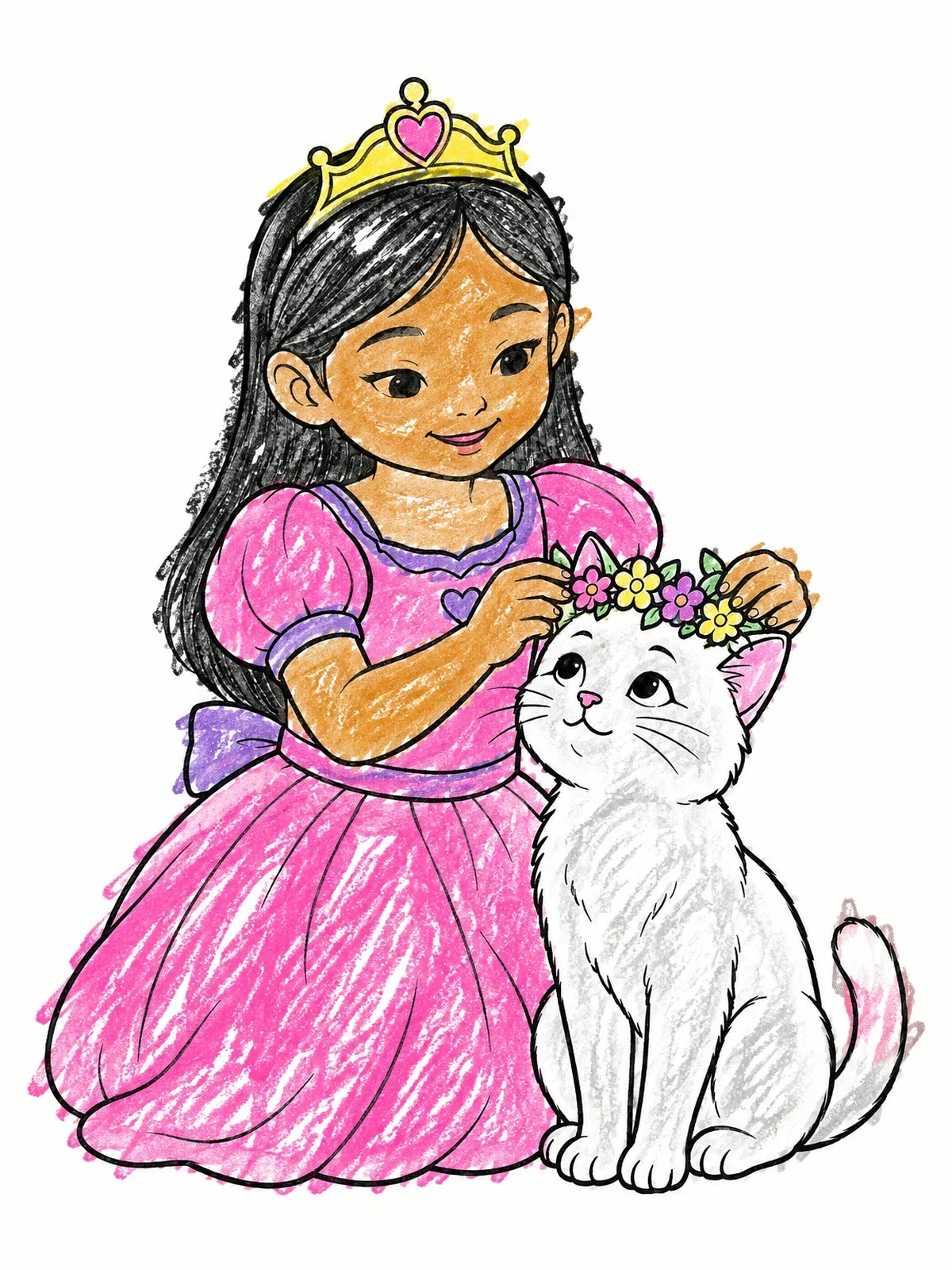 Colored example of the Princess Crowning Her Pet Cat coloring page