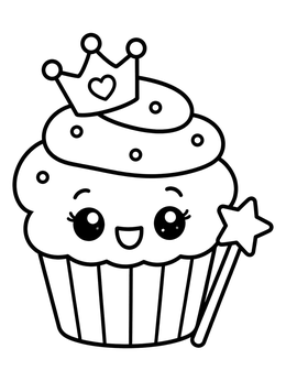 A smiling princess cupcake coloring page with crown and magic wand.