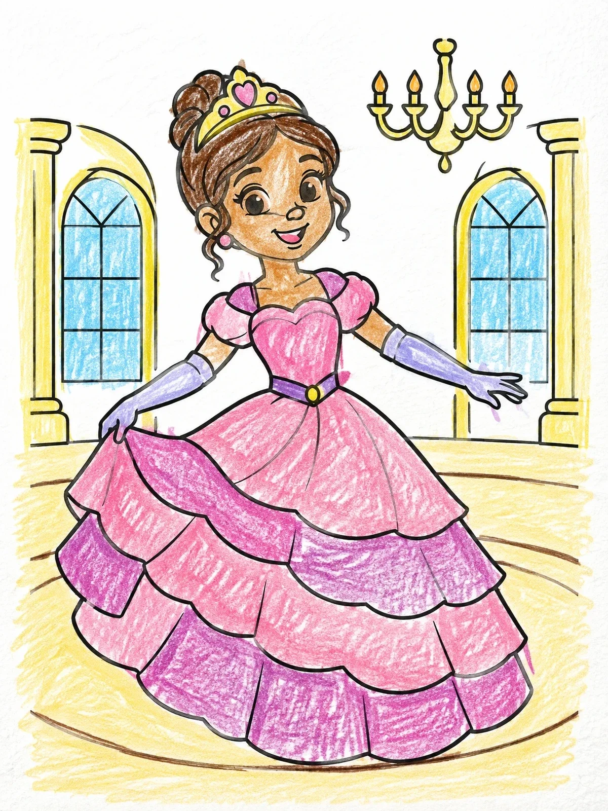 Colored example of the Princess Dancing In A Ball Gown coloring page