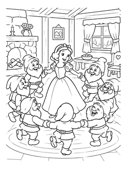 Free printable Princess Dancing With Seven Dwarfs coloring page