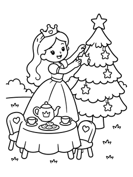 A cheerful princess coloring page showing a young royal hanging stars on a tree next to a cute tea party set.