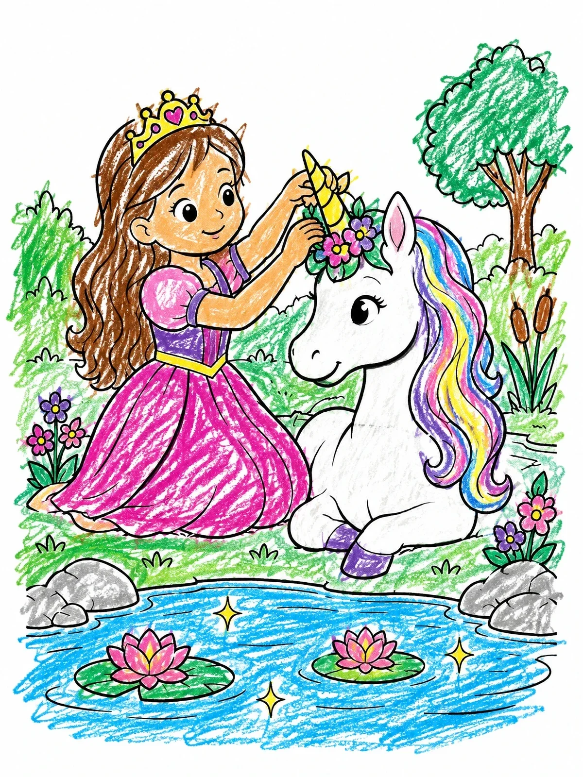 Colored example of the Princess Decorating Unicorn By The Pond coloring page