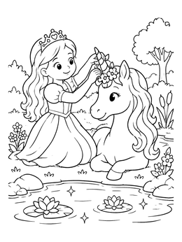 Free printable Princess Decorating Unicorn By The Pond coloring page