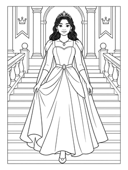 A princess coloring page showing a royal lady descending a grand staircase in her palace.