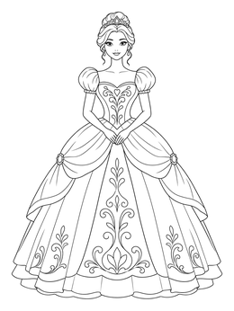 A princess ball gown dress coloring page featuring puffed sleeves and ornate filigree patterns.