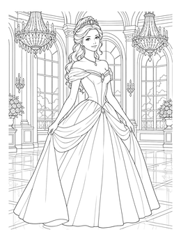 An elegant princess coloring page featuring a ballroom with grand chandeliers and arched windows.