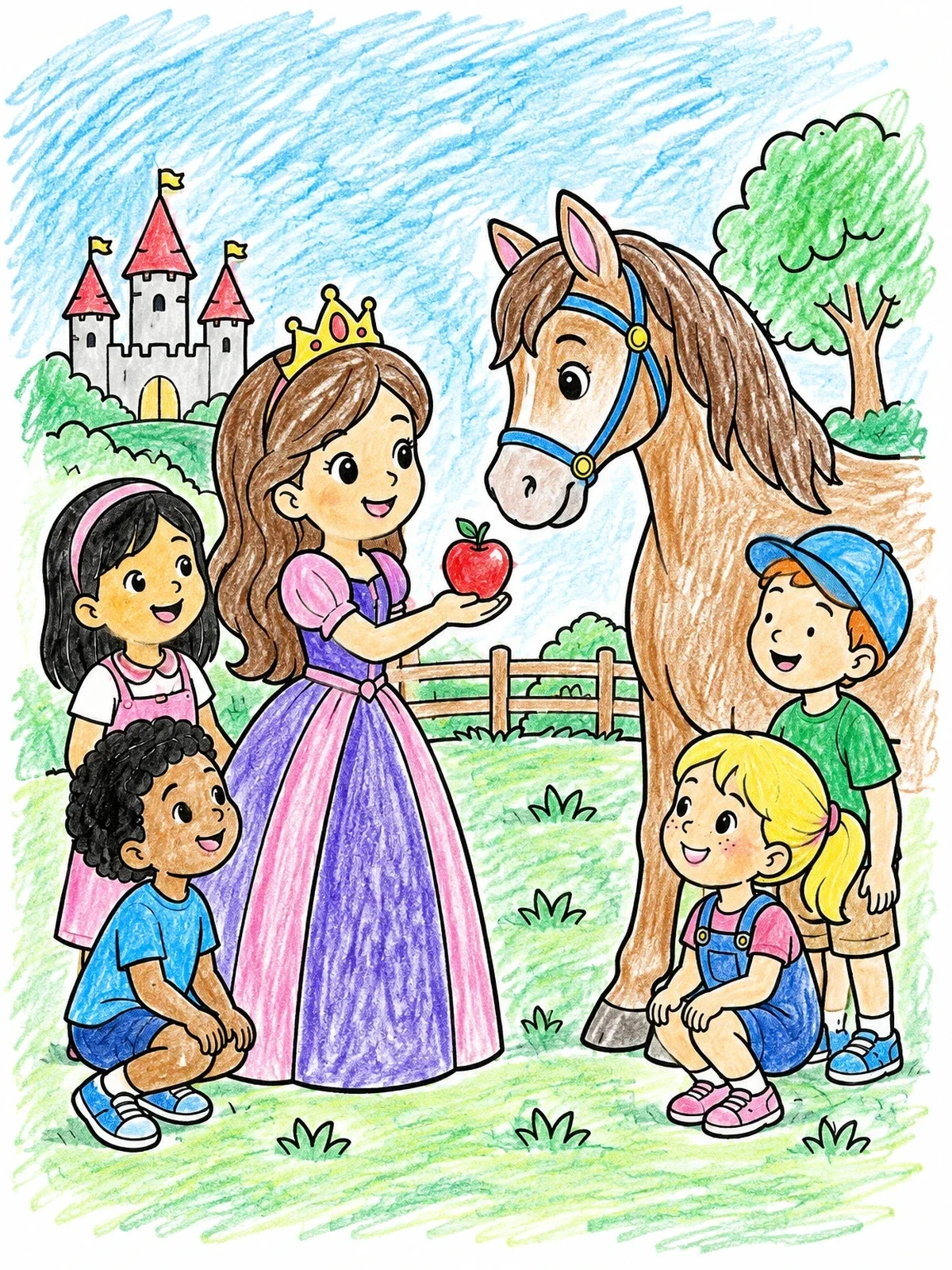 Colored example of the Princess Feeding An Apple To Her Horse coloring page
