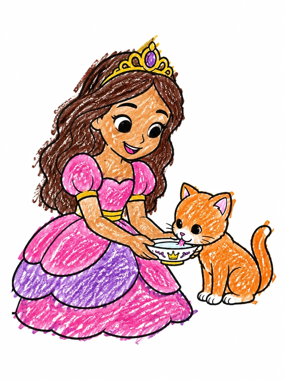 Colored example of the Princess Feeding Cute Kitten coloring page