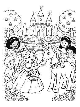 Free printable Princess Feeding Apples To A Unicorn coloring page