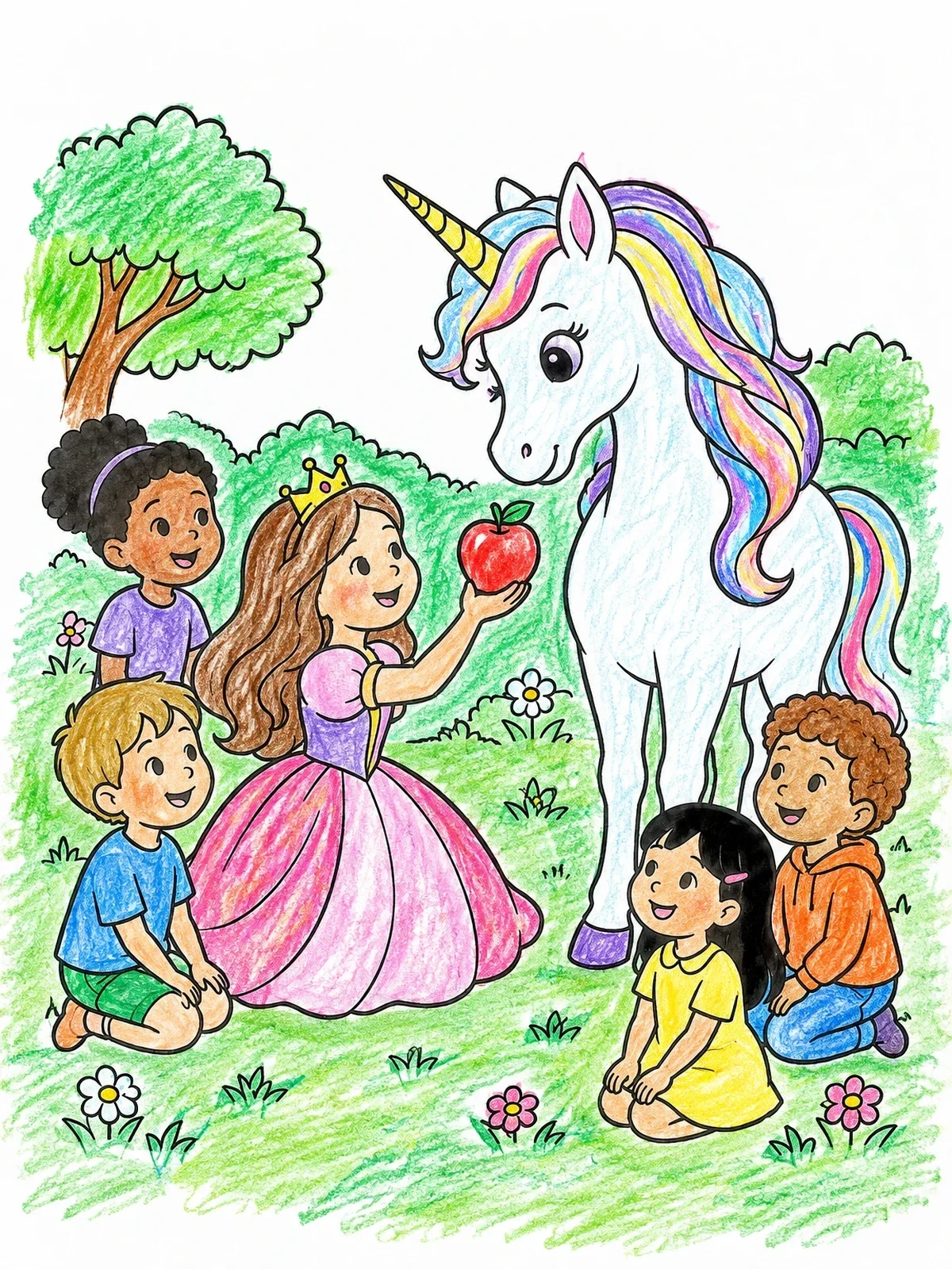 Colored example of the Princess And Children Feeding A Unicorn coloring page