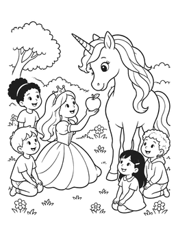 Free printable Princess And Children Feeding A Unicorn coloring page