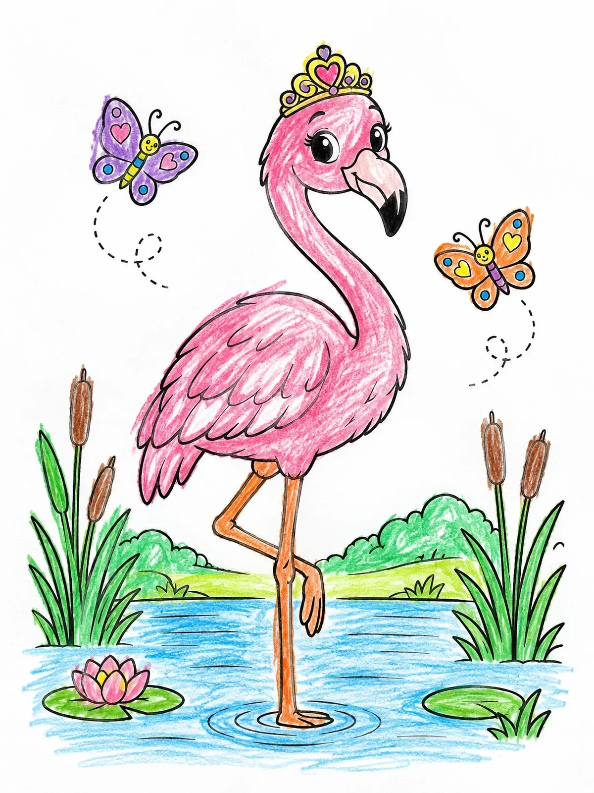 Colored example of the Princess Flamingo With Flying Butterflies coloring page