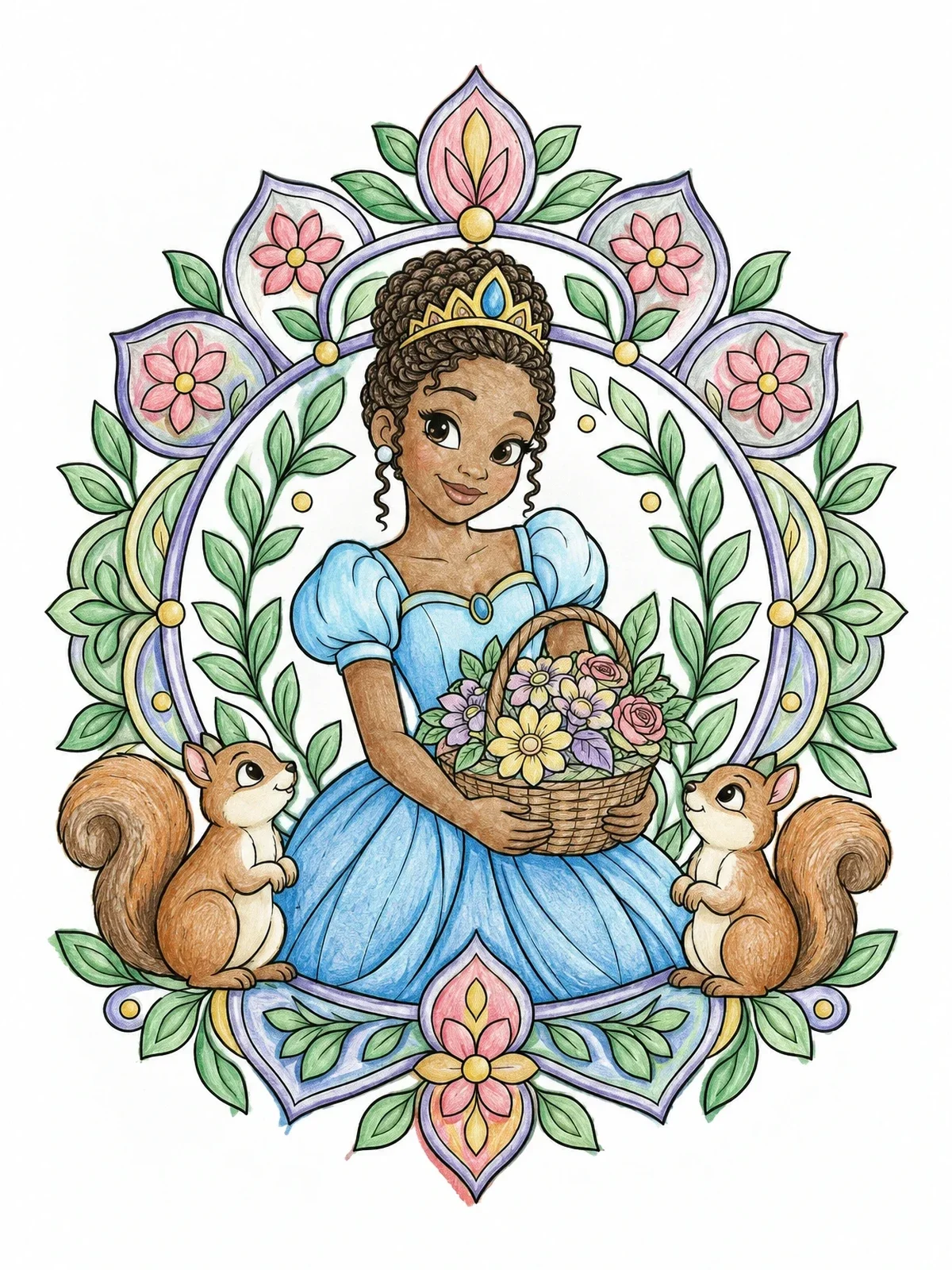 Colored example of the Princess With Flower Basket And Squirrels coloring page