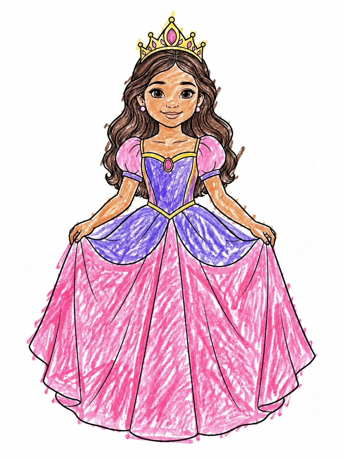 Colored example of the Princess In Flowing Ballgown With Crown coloring page