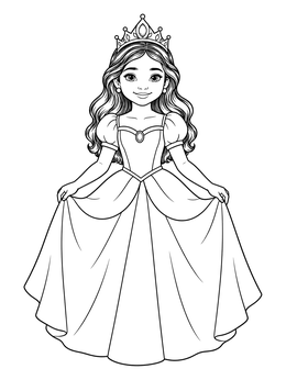 A smiling young princess holding her elegant ballgown in this princess crown coloring page.