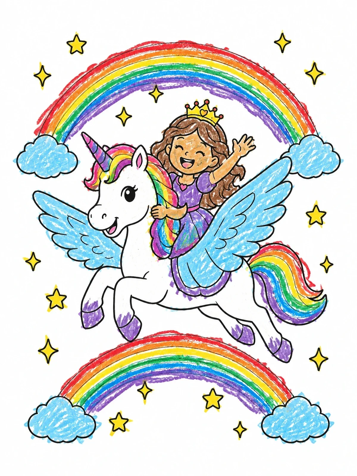 Colored example of the Princess Flying On A Winged Unicorn coloring page