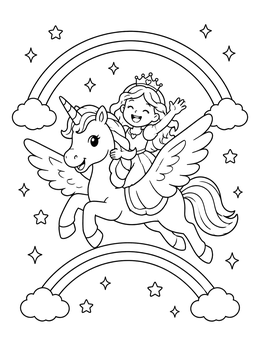 Free printable Princess Flying On A Winged Unicorn coloring page