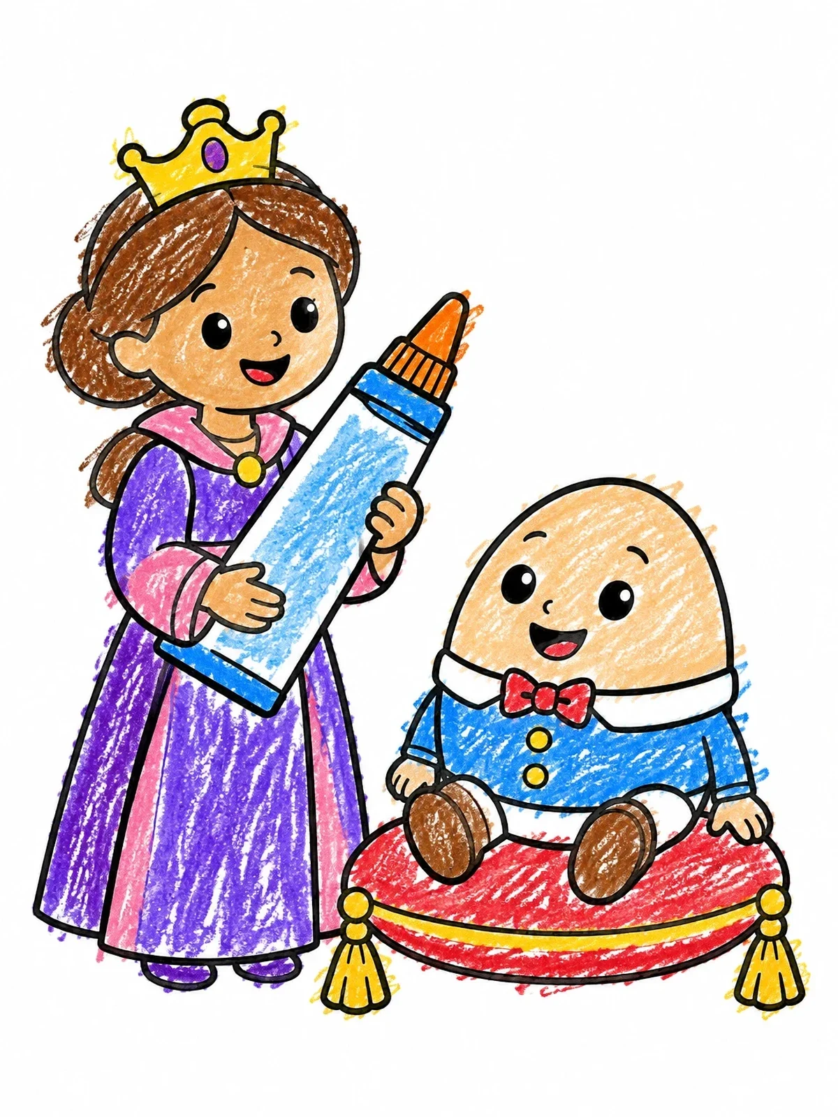 Colored example of the Princess With Glue And Humpty Dumpty coloring page