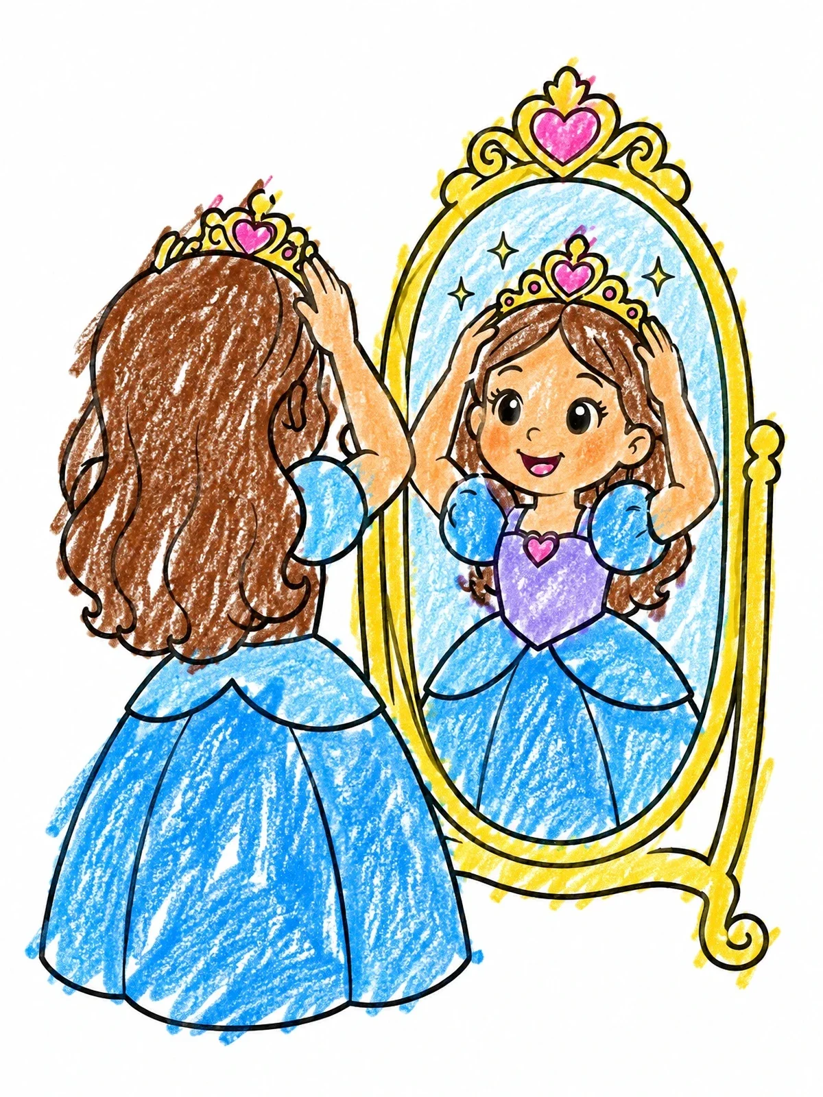 Colored example of the Little Princess Admiring Her Heart Tiara coloring page