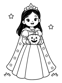 A cheerful girl in this princess coloring page wears a starry cape and holds a jack-o'-lantern.