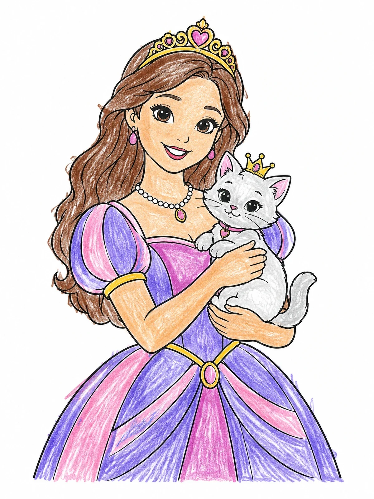 Colored example of the Princess Holding Her Royal Kitten coloring page