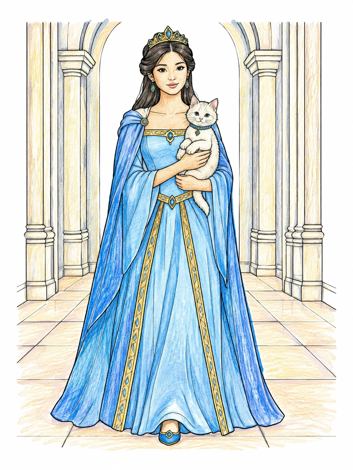 Colored example of the Princess Holding Kitten In Palace Hall coloring page