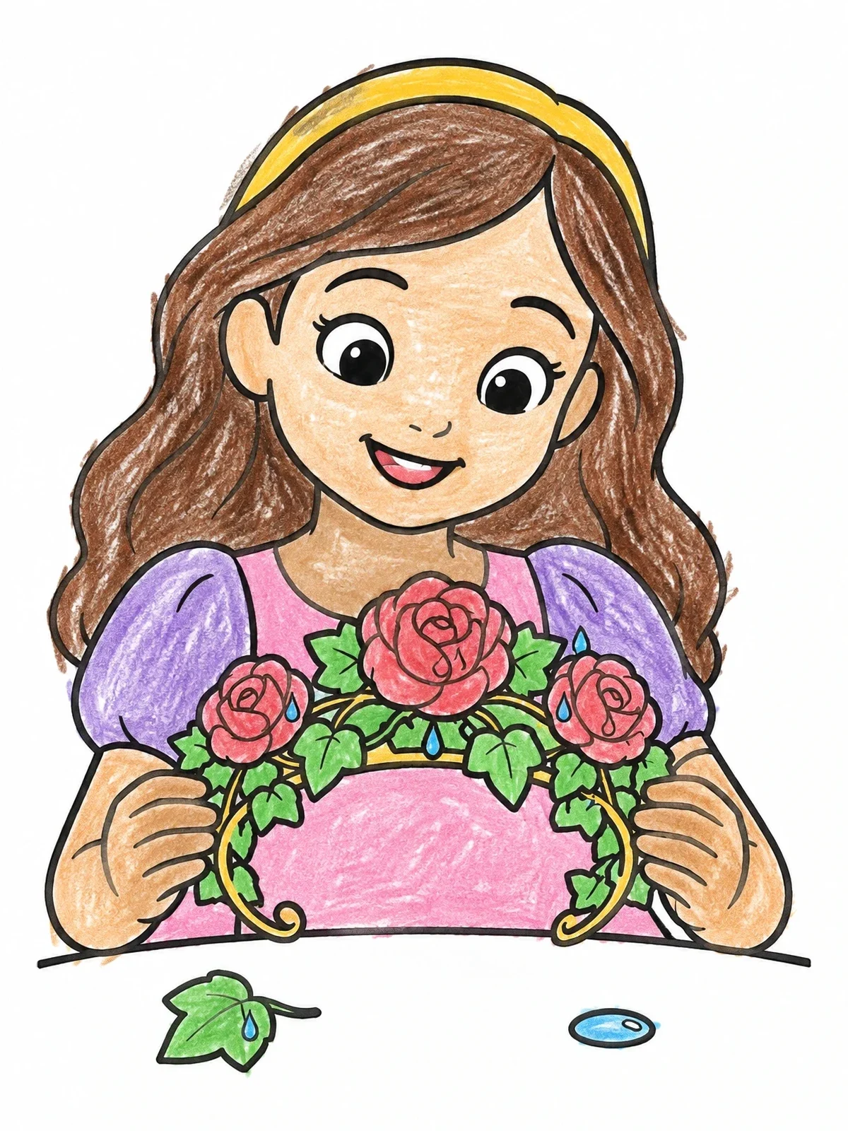 Colored example of the Princess Holding Rose Crown coloring page