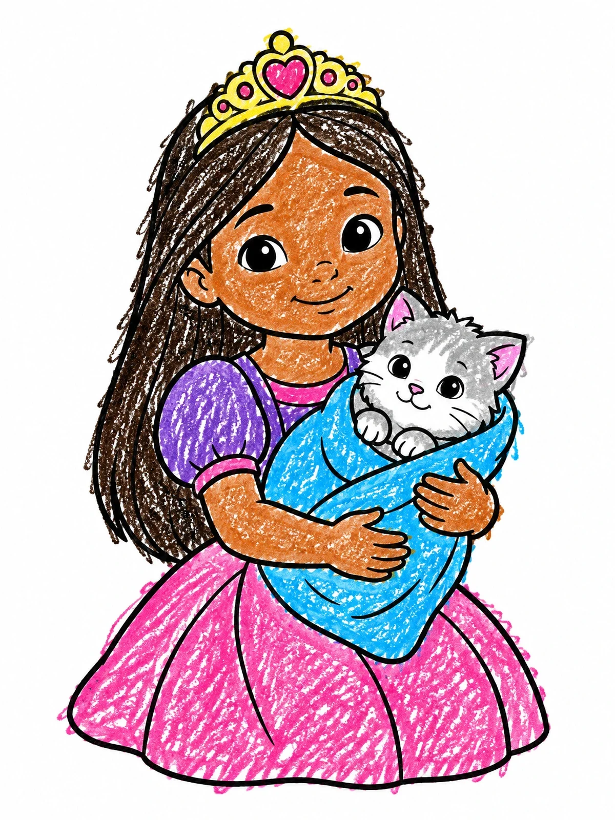 Colored example of the Princess Holding A Swaddled Kitten coloring page