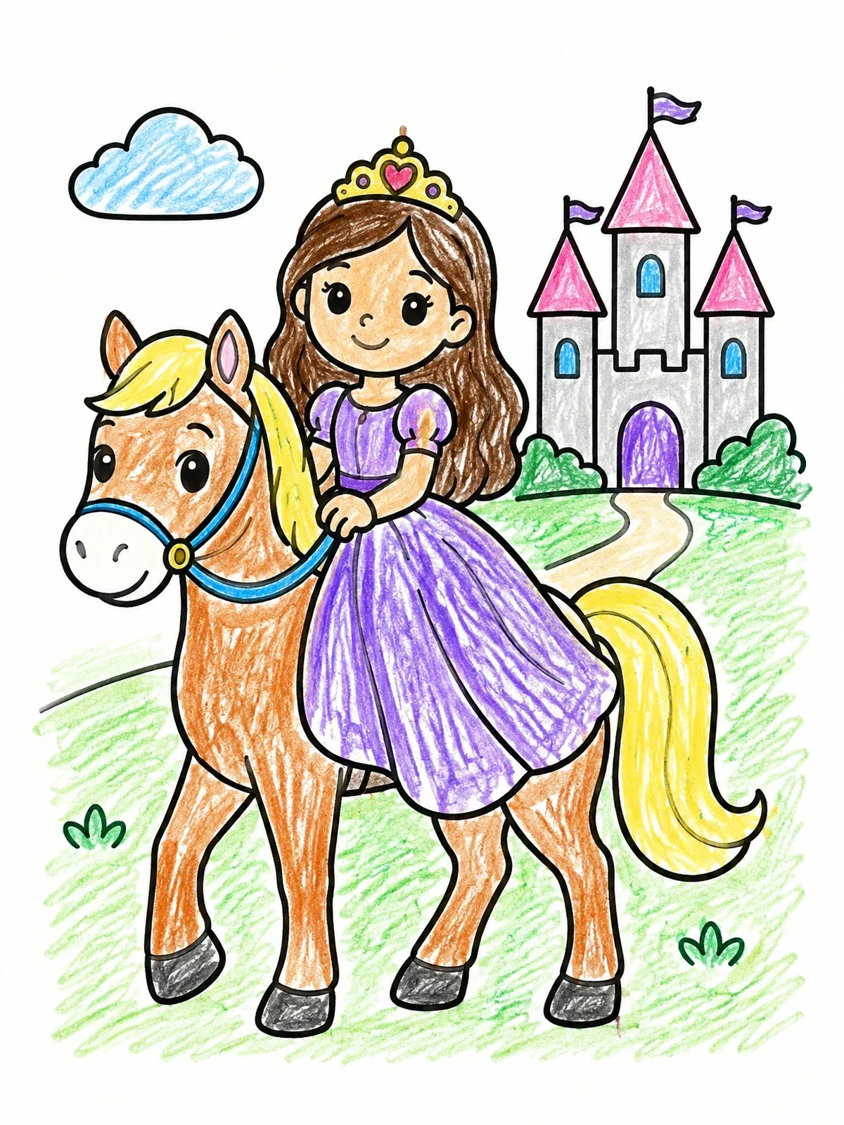 Colored example of the Princess Riding A Friendly Pony Near Castle coloring page