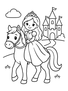 Free printable Princess Riding A Friendly Pony Near Castle coloring page