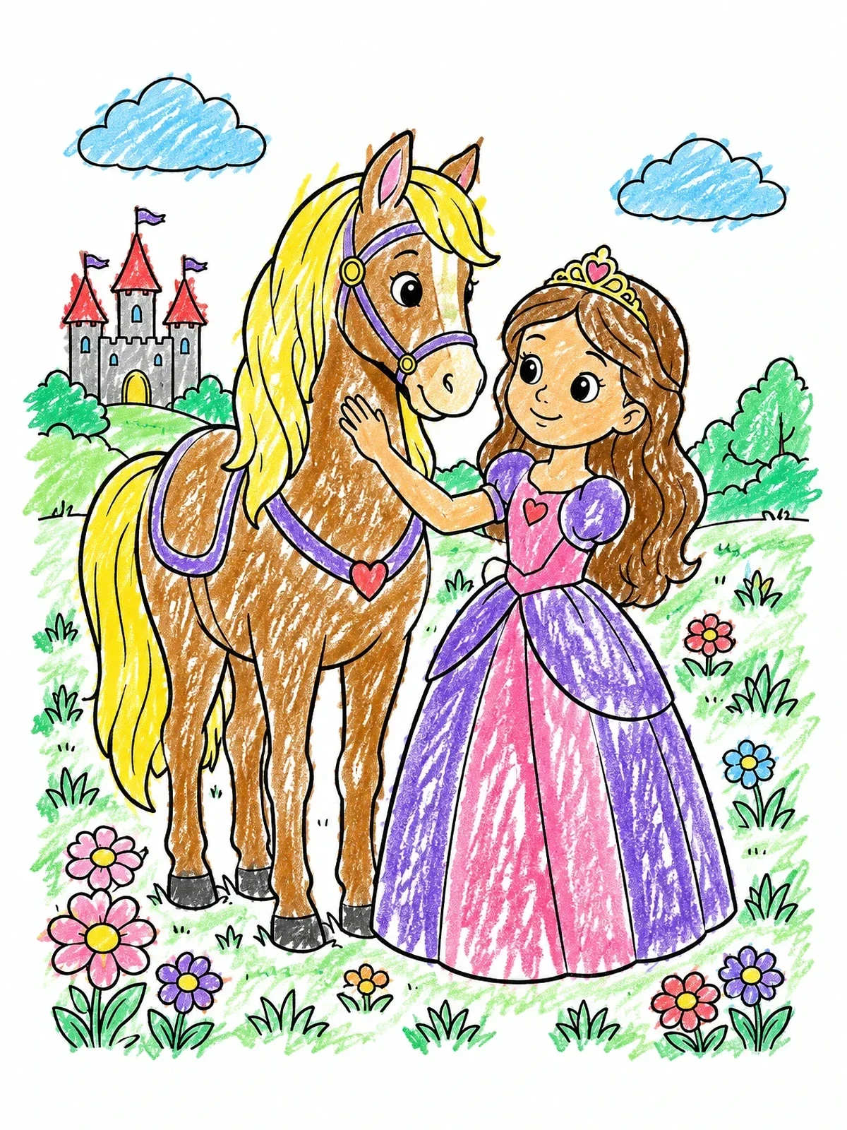 Colored example of the Princess With Horse In Flower Meadow coloring page