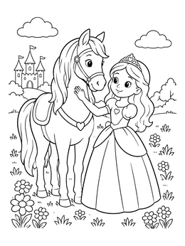 Free printable Princess With Horse In Flower Meadow coloring page
