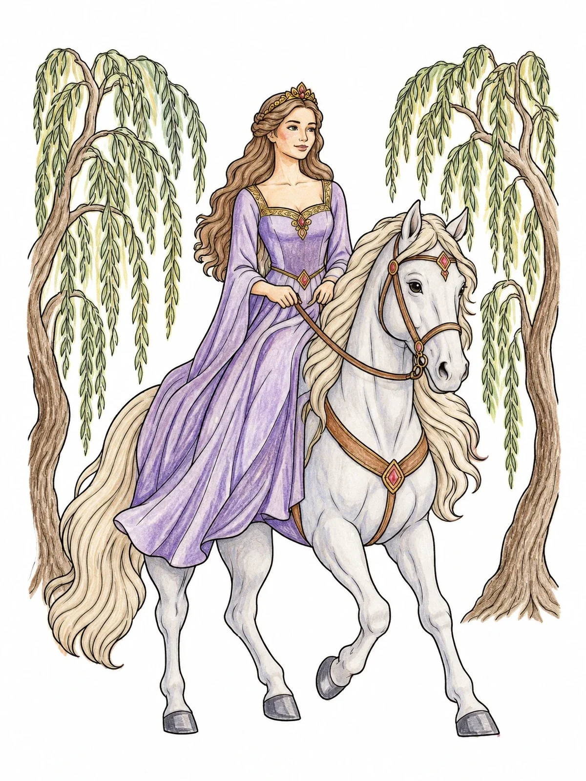 Colored example of the Princess Riding Under Willow Trees coloring page