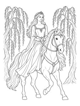 Free printable Princess Riding Under Willow Trees coloring page