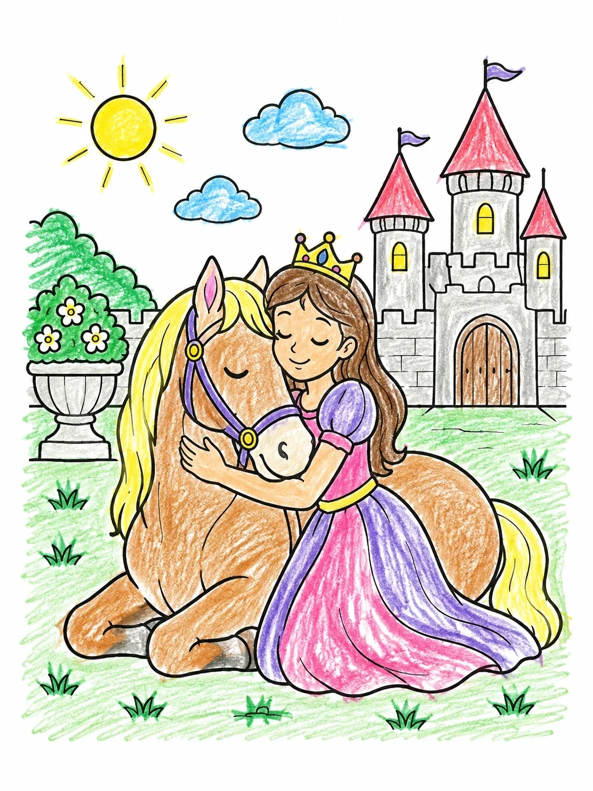 Colored example of the Princess Hugging Her Resting Horse coloring page