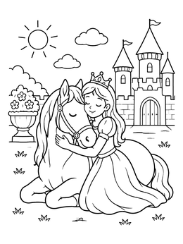 Free printable Princess Hugging Her Resting Horse coloring page