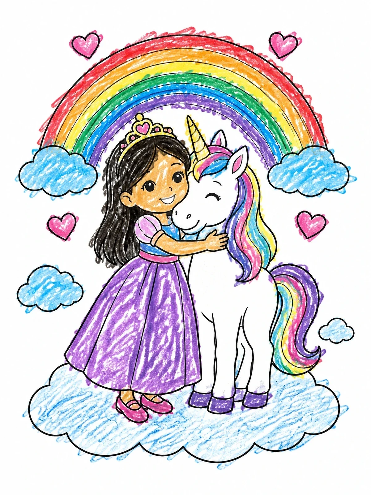 Colored example of the Princess Hugging A Unicorn On A Cloud coloring page