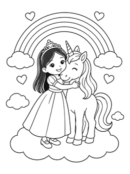 Free printable Princess Hugging A Unicorn On A Cloud coloring page
