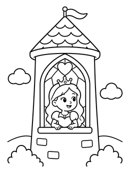 A smiling princess coloring page featuring a girl looking out of a tall castle window.