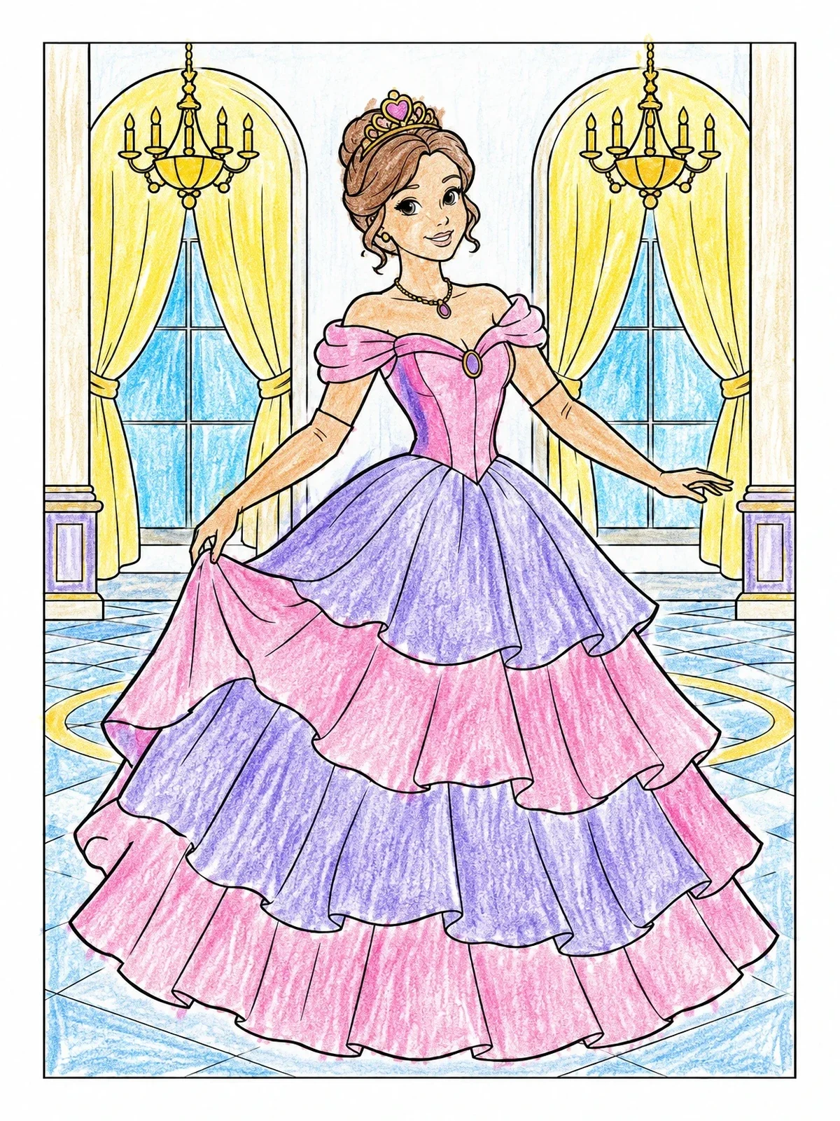 Colored example of the Princess In Layered Ball Gown coloring page